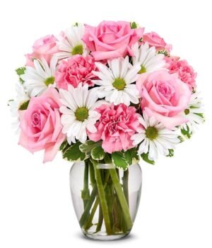 Vase arrangement of white daisies, pink roses and pink carnations