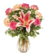 bouquet of roses, stargazer lilies, waxflower and carnations - Local*Florist