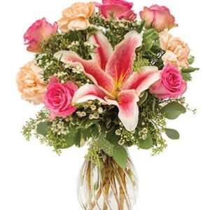 bouquet of roses, stargazer lilies, waxflower and carnations - Local*Florist
