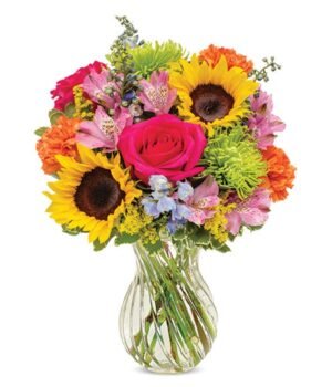 The bright colors of the sunflowers, roses, and carnations