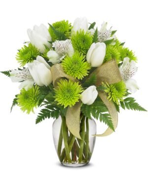 Bouquet of green mums, white tulips, and white Peruvian lilies