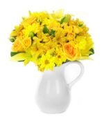 Bouquet of yellow flowers including spray roses, Peruvian lilies and Asiatic lilies