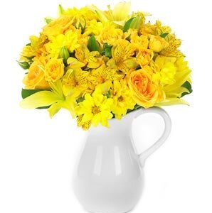 Bouquet of yellow flowers including spray roses, Peruvian lilies and Asiatic lilies
