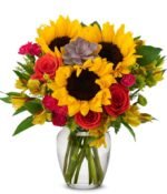 Bouquet of sunflowers, red roses, mums and lilies