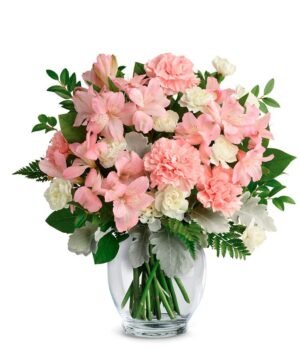 pink alstroemeria, pink carnations, white miniature carnations, dusty miller, huckleberry, leatherleaf fern, and lemon leaf