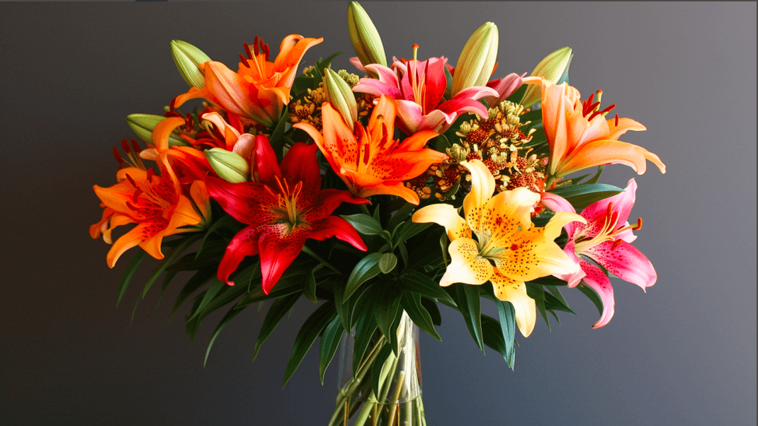 vibrant bouquet featuring a mix of Asiatic and Oriental lilies