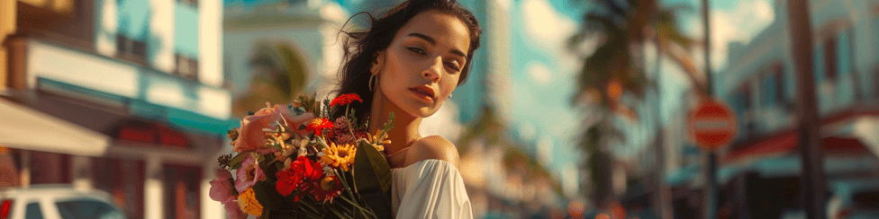 girl holding a floral bouquet on the street in Miami FL