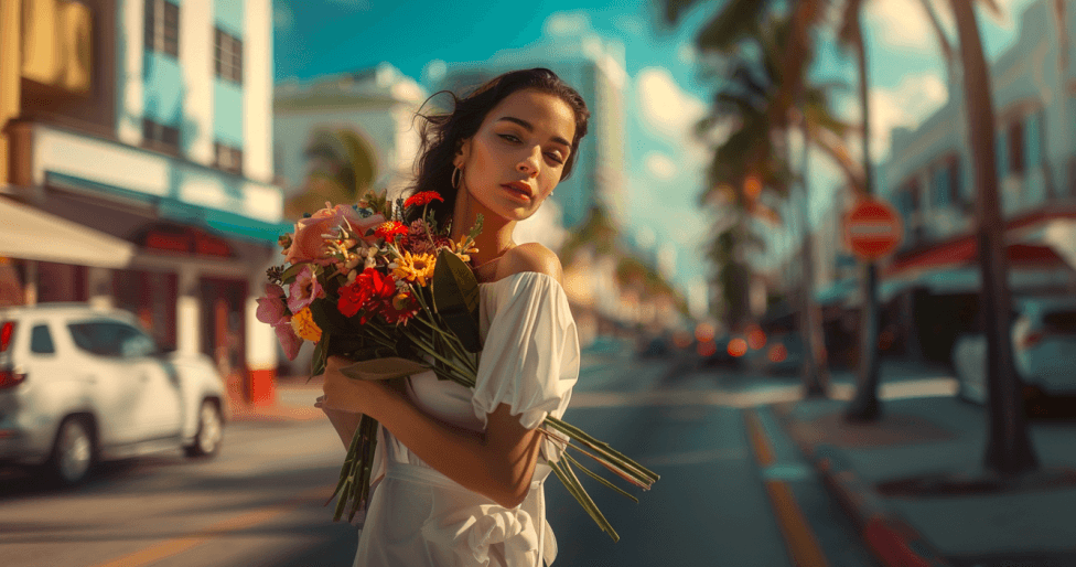 girl holding a floral bouquet on the street in Miami FL