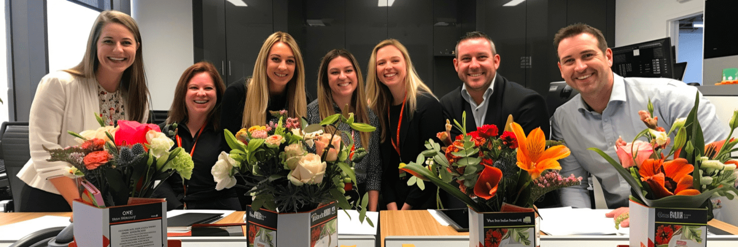 A group of office workers smiling and motivated, surrounded by vibrant bouquets of flowers they've received, boosting their morale and creating a positive work environment