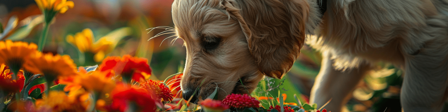 Adorable dog happily sniffing a bouquet of colorful flowers, available for purchase online. Bring joy to your home with fresh blooms for every occasion!