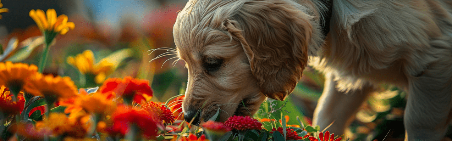 Adorable dog happily sniffing a bouquet of colorful flowers, available for purchase online. Bring joy to your home with fresh blooms for every occasion!
