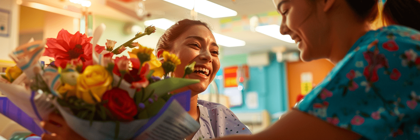 happy patient receiving flowers in a hospital