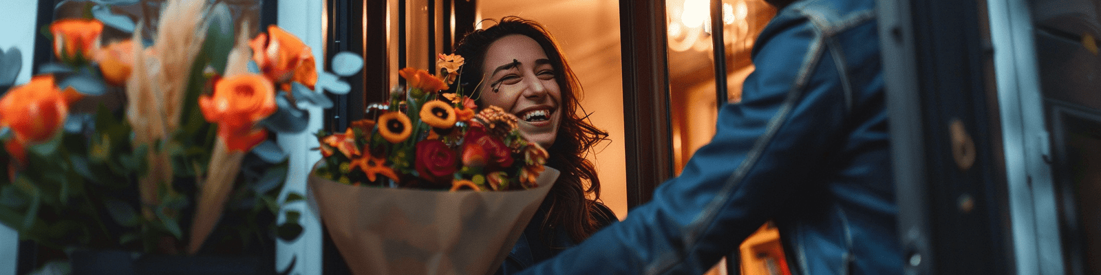 florist delivering flowers to a joyful recipient-min